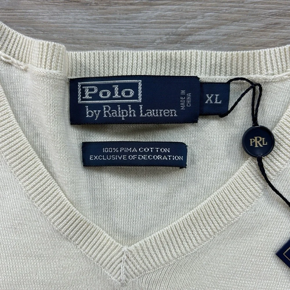 NWT Polo Ralph Lauren Sweater Mens XL Ivory Knit Pima Cotton V-Neck